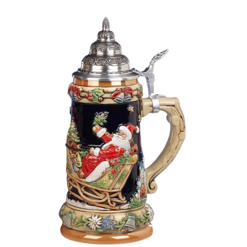 King Werk - Santa in Sleigh, Traveling Through Bavaria, Silent Night Chapel and Neuschwanstein Castle, Cobalt - Beer Stein