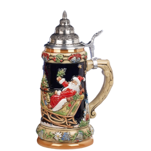 King Werk - Santa in Sleigh, Traveling Through Bavaria, Silent Night Chapel and Neuschwanstein Castle, Cobalt - Beer Stein