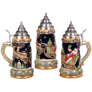 King Werk - Santa in Sleigh, Traveling Through Bavaria, Silent Night Chapel and Neuschwanstein Castle, Cobalt - Beer Stein