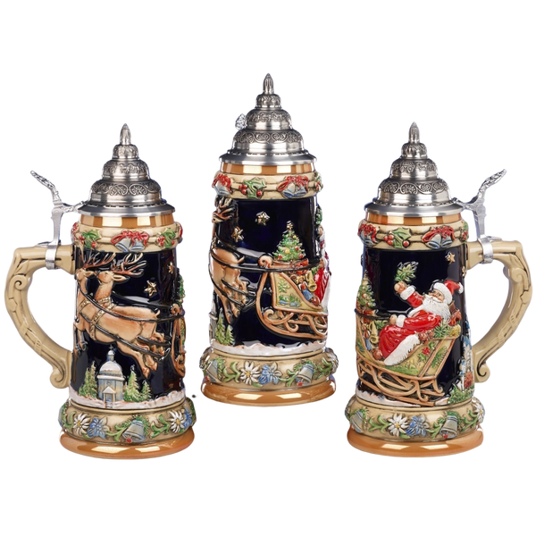 Load image into Gallery viewer, King Werk - Santa in Sleigh, Traveling Through Bavaria, Silent Night Chapel and Neuschwanstein Castle, Cobalt - Beer Stein
