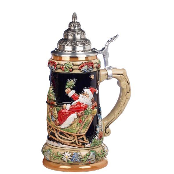 Load image into Gallery viewer, King Werk - Santa in Sleigh, Traveling Through Bavaria, Silent Night Chapel and Neuschwanstein Castle, Cobalt - Beer Stein
