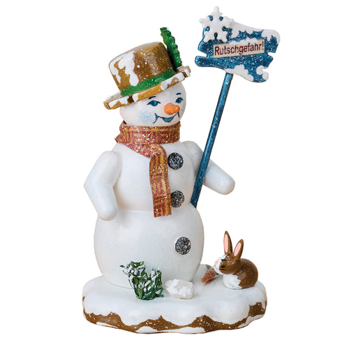 Hubrig Volkskunst Snowman with Sign and Rabbit 9cm Figurine