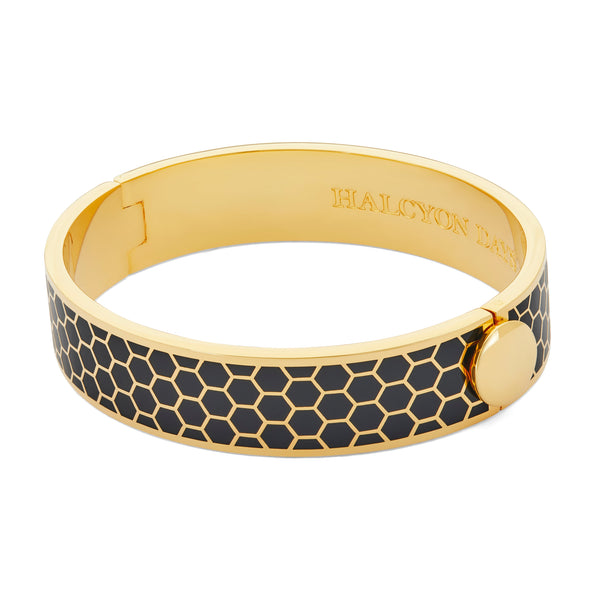 Load image into Gallery viewer, Halcyon Days 13mm Honeycomb - Black - Gold - Hinged Bangle
