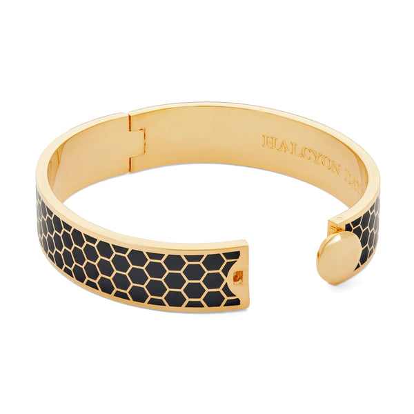 Load image into Gallery viewer, Halcyon Days 13mm Honeycomb - Black - Gold - Hinged Bangle
