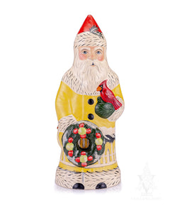 Vaillancourt Folk Art - Colonial Santa in Yellow with Wreath and Cardinals - Chalkware Figurine