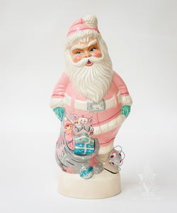 Vaillancourt Folk Art - 1950’s Pink Santa with Shiny Brite Ornaments - Chalkware Figurine