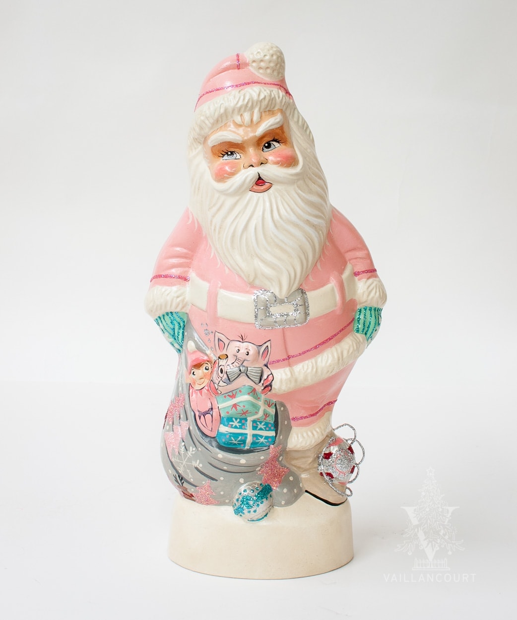 Vaillancourt Folk Art - 1950’s Pink Santa with Shiny Brite Ornaments - Chalkware Figurine