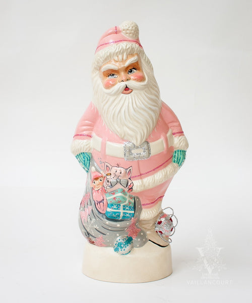 Load image into Gallery viewer, Vaillancourt Folk Art - 1950’s Pink Santa with Shiny Brite Ornaments - Chalkware Figurine
