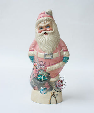 Vaillancourt Folk Art - 1950’s Pink Santa with Shiny Brite Ornaments - Chalkware Figurine