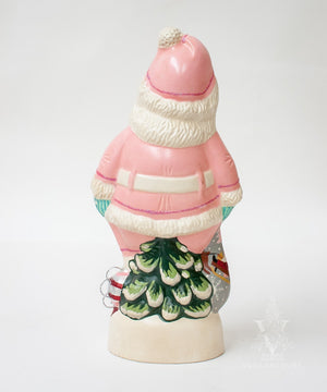 Vaillancourt Folk Art - 1950’s Pink Santa with Shiny Brite Ornaments - Chalkware Figurine