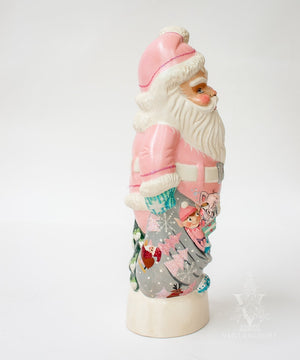 Vaillancourt Folk Art - 1950’s Pink Santa with Shiny Brite Ornaments - Chalkware Figurine