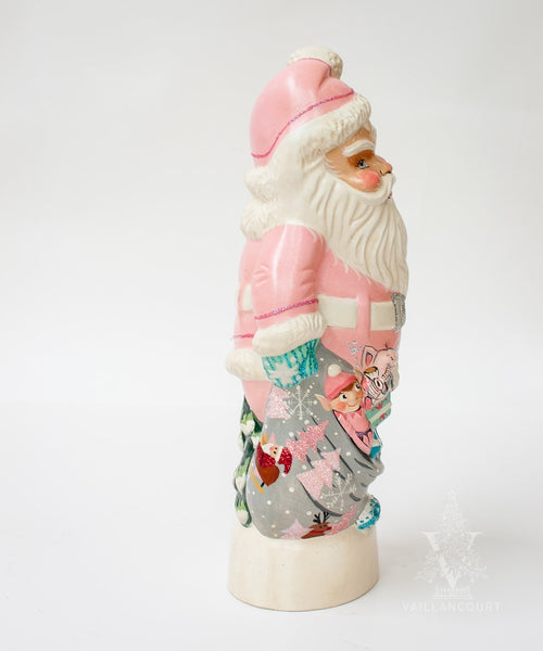 Load image into Gallery viewer, Vaillancourt Folk Art - 1950’s Pink Santa with Shiny Brite Ornaments - Chalkware Figurine
