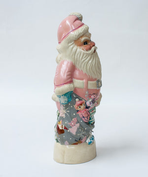 Vaillancourt Folk Art - 1950’s Pink Santa with Shiny Brite Ornaments - Chalkware Figurine