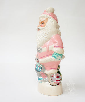 Vaillancourt Folk Art - 1950’s Pink Santa with Shiny Brite Ornaments - Chalkware Figurine