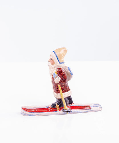 Vaillancourt Folk Art - Blue Trimmed Skiing Santa in Fur - Chalkware Figurine