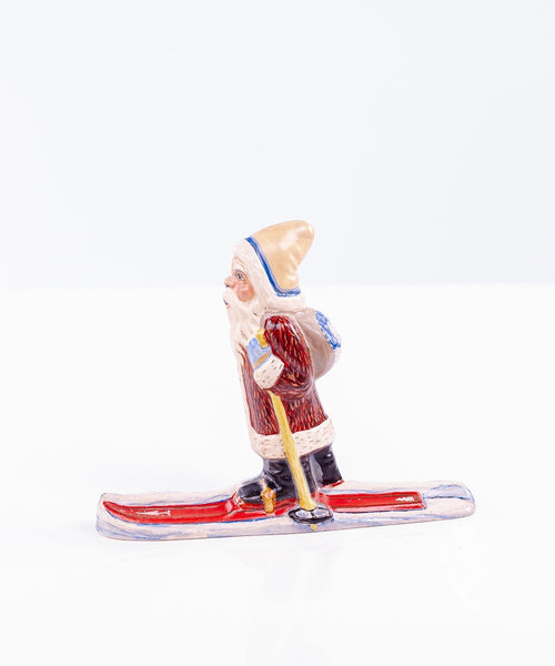 Load image into Gallery viewer, Vaillancourt Folk Art - Blue Trimmed Skiing Santa in Fur - Chalkware Figurine
