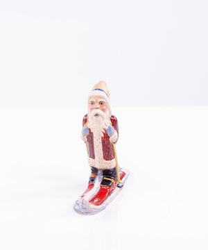 Vaillancourt Folk Art - Blue Trimmed Skiing Santa in Fur - Chalkware Figurine