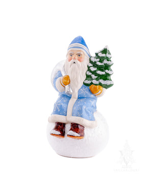 Vaillancourt Folk Art - Blue Snowflake Santa on Snowball - Chalkware Figurine