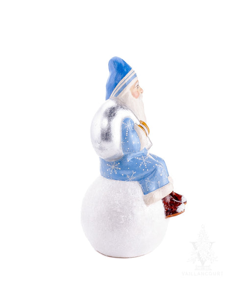 Load image into Gallery viewer, Vaillancourt Folk Art - Blue Snowflake Santa on Snowball - Chalkware Figurine
