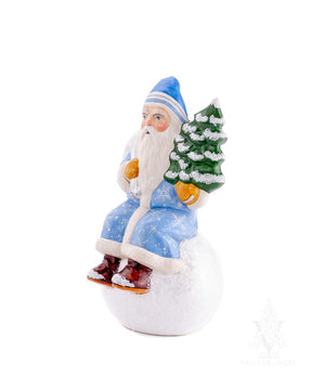 Vaillancourt Folk Art - Blue Snowflake Santa on Snowball - Chalkware Figurine