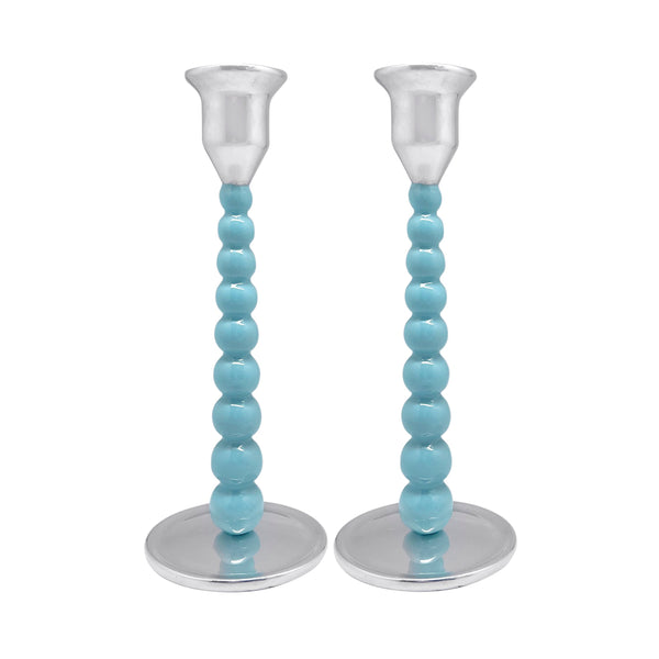 Load image into Gallery viewer, Mariposa Pearled Medium Aqua Candlestick Set
