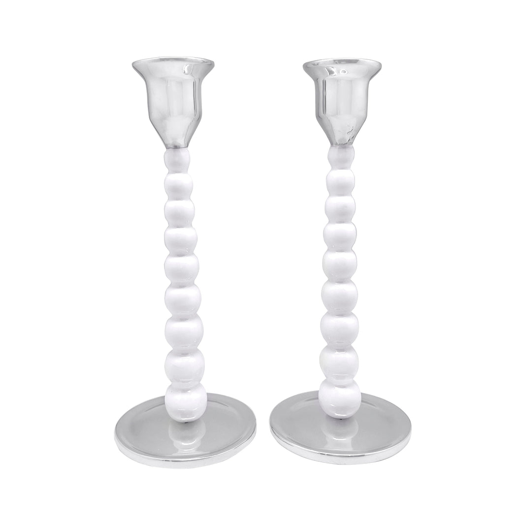 Mariposa Pearled Medium White Candlestick Set