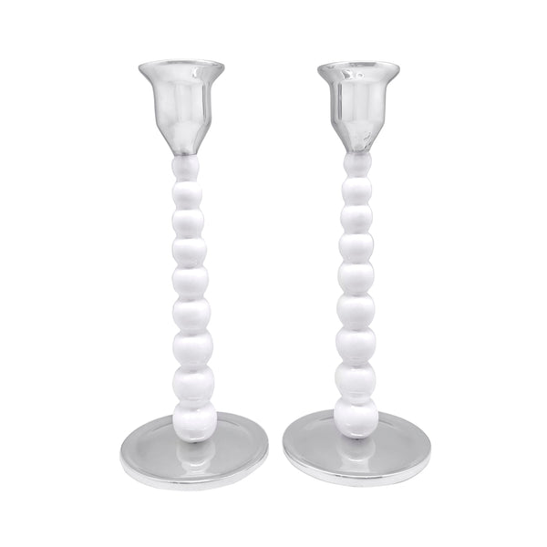 Load image into Gallery viewer, Mariposa Pearled Medium White Candlestick Set
