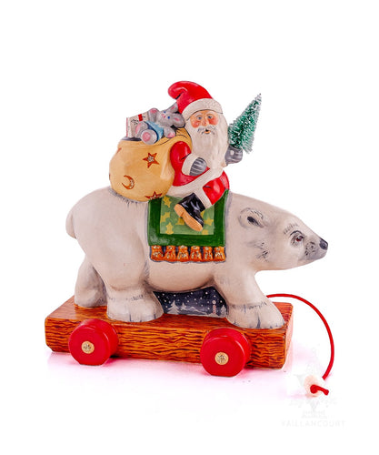 Vaillancourt Folk Art - Traditional Santa on Polar Bear Pull Toy - Chalkware Figurine