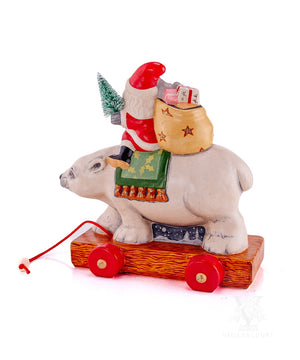 Vaillancourt Folk Art - Traditional Santa on Polar Bear Pull Toy - Chalkware Figurine