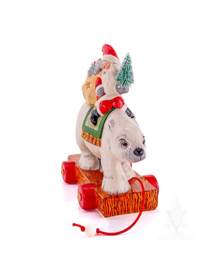 Vaillancourt Folk Art - Traditional Santa on Polar Bear Pull Toy - Chalkware Figurine