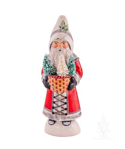 Vaillancourt Folk Art - Red Santa With Woven Basket of Trees - Chalkware Figurine