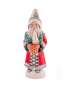 Vaillancourt Folk Art - Red Santa With Woven Basket of Trees - Chalkware Figurine