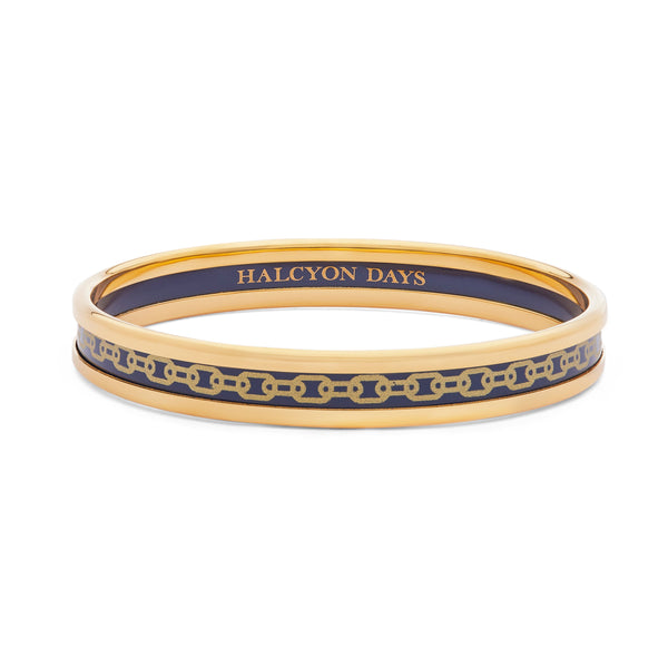 Load image into Gallery viewer, Halcyon Days Skinny Chain Navy &amp; Gold Enamel Bangle
