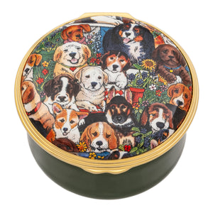 Halcyon Days Dogs Leave Pawprints - Doggie in the Window - Enamel Box - Musical Box