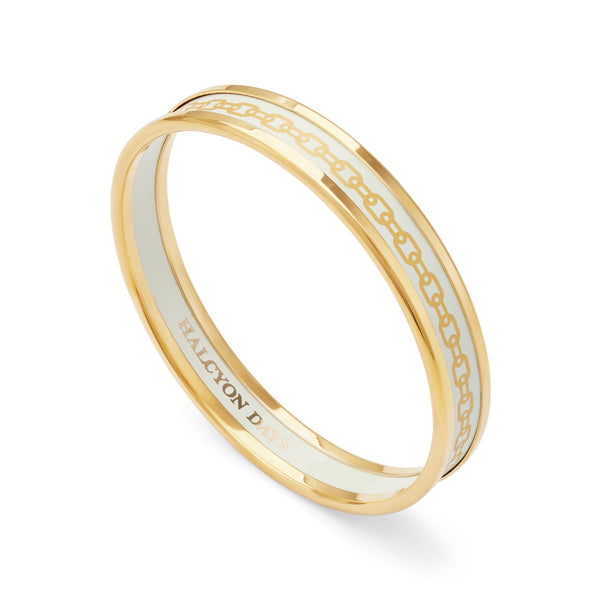 Load image into Gallery viewer, Halcyon Days Skinny Chain Cream &amp; Gold Enamel Bangle
