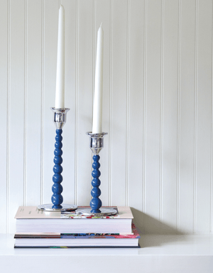 Mariposa Pearled Medium Blue Candlestick Set