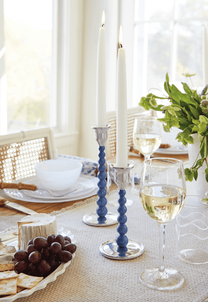 Load image into Gallery viewer, Mariposa Pearled Medium Blue Candlestick Set
