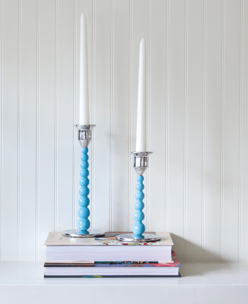 Load image into Gallery viewer, Mariposa Pearled Medium Aqua Candlestick Set
