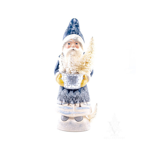 Vaillancourt Folk Art - Blue Santa with Silver Bowl and Winter Scene Chalkware Figurine