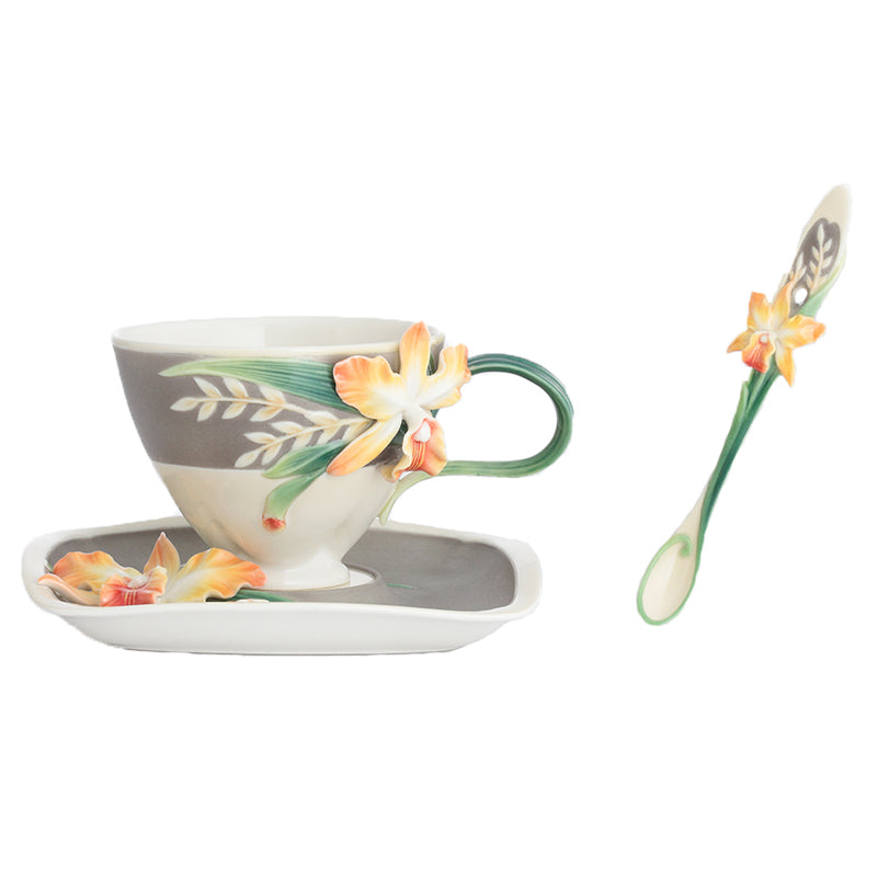 Franz Porcelain Magnificent Cattleya Orchid Design Sculptured Porcelain Cup  & Saucer/Spoon Set