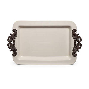 GG Collection 23.75-Inch Long Cream Ceramic Tray with Acanthus Leaf Styled Metal Handles