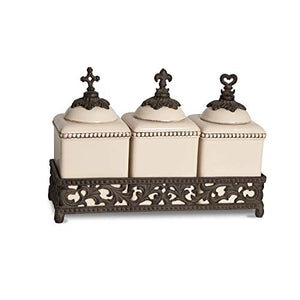 GG Collection Acanthus Leaf Hope, Love, and Faith Ceramic Jars with Ornate Brown Metal Tray