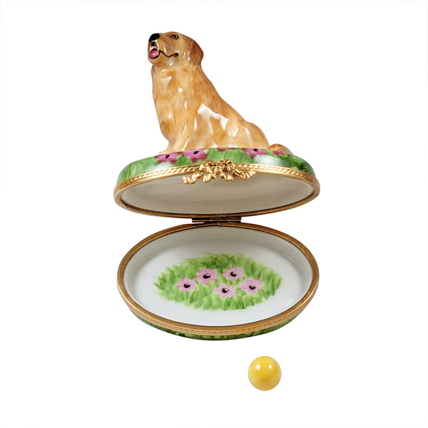 Load image into Gallery viewer, Rochard &quot;Golden Retriever on Flowers with Removable Ball&quot; Limoges Box
