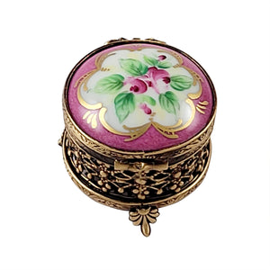 Rochard "Small Round Pink with Flowers and Ornate Brass" Limoges Box