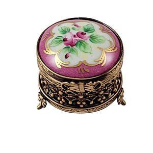 Rochard "Small Round Pink with Flowers and Ornate Brass" Limoges Box