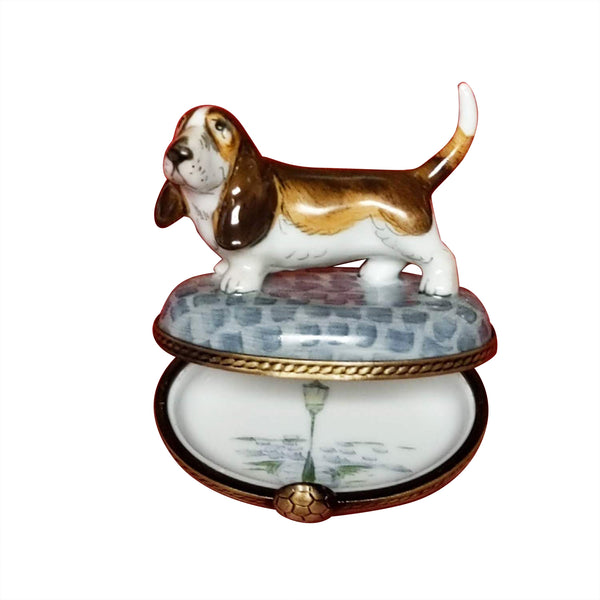 Load image into Gallery viewer, Bassett Hound/Beagle on Cobble Stones Limoges Box
